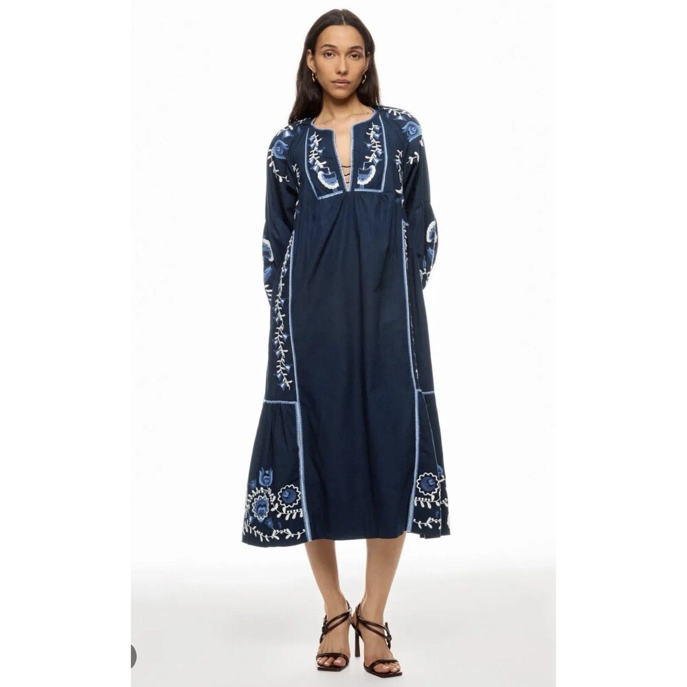 Sea New York Inga embroidered long-sleeve cotton midi dress in navy blue Xs